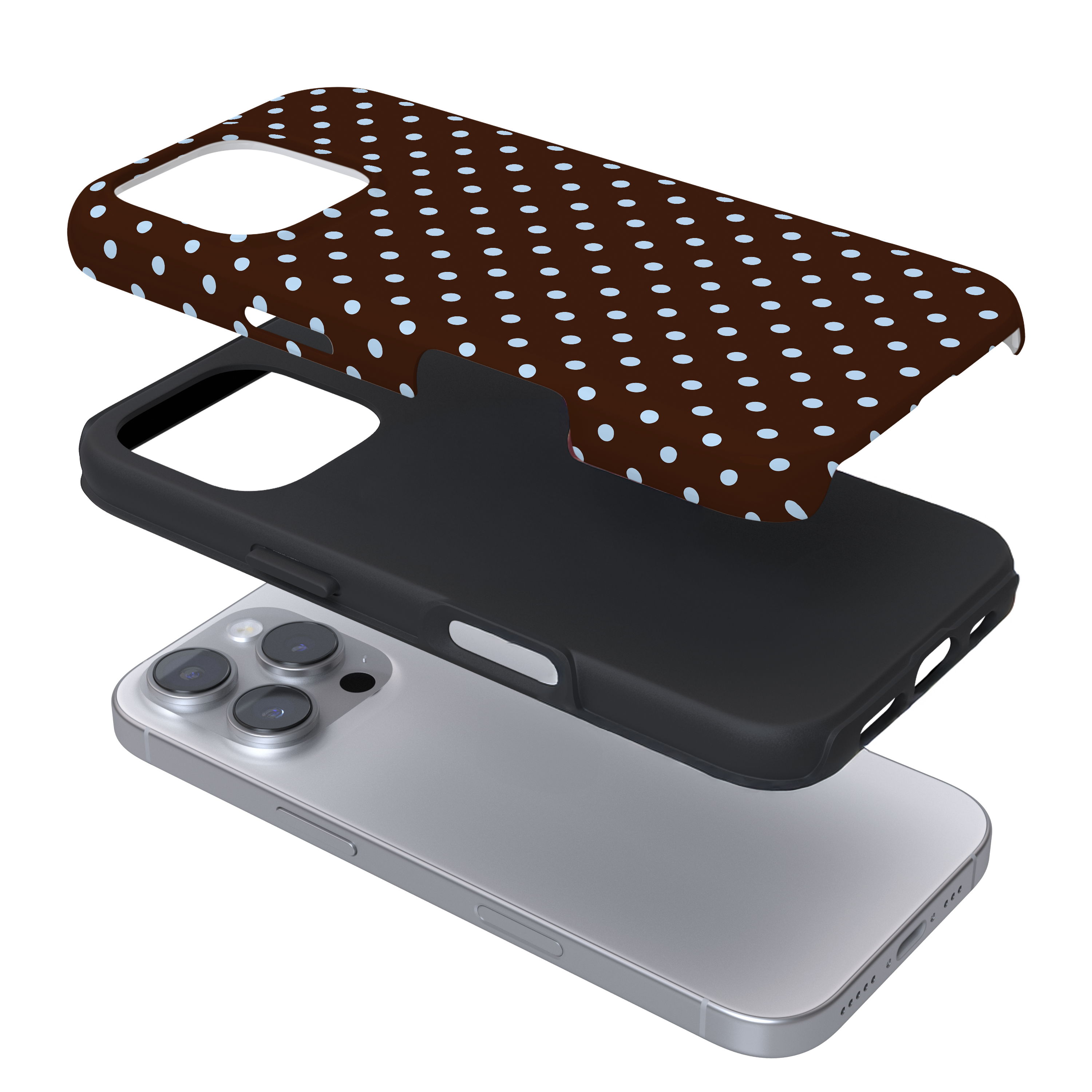 Phone case with brown polka dot design on a white background