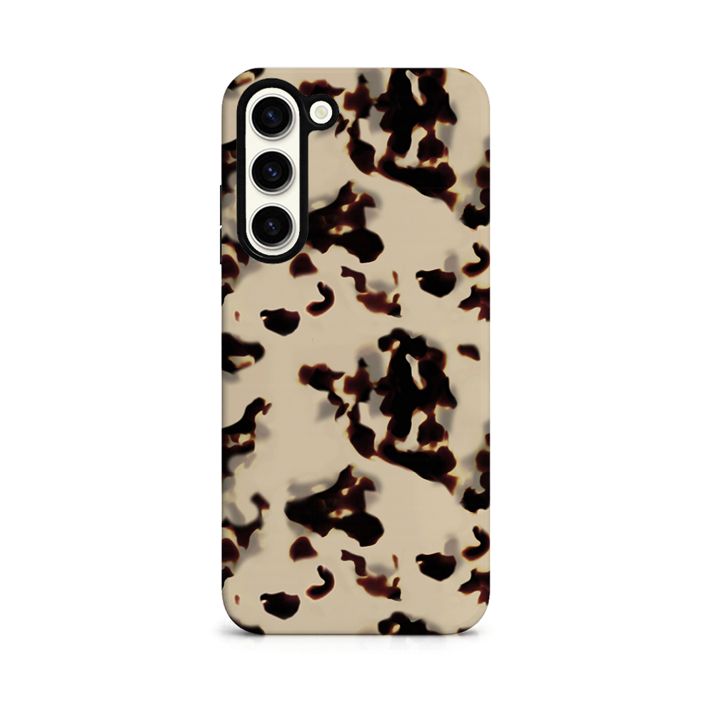 A smartphone with a beige case featuring a dark brown and black tortoiseshell pattern, shown from the back to display the camera and decorative design.