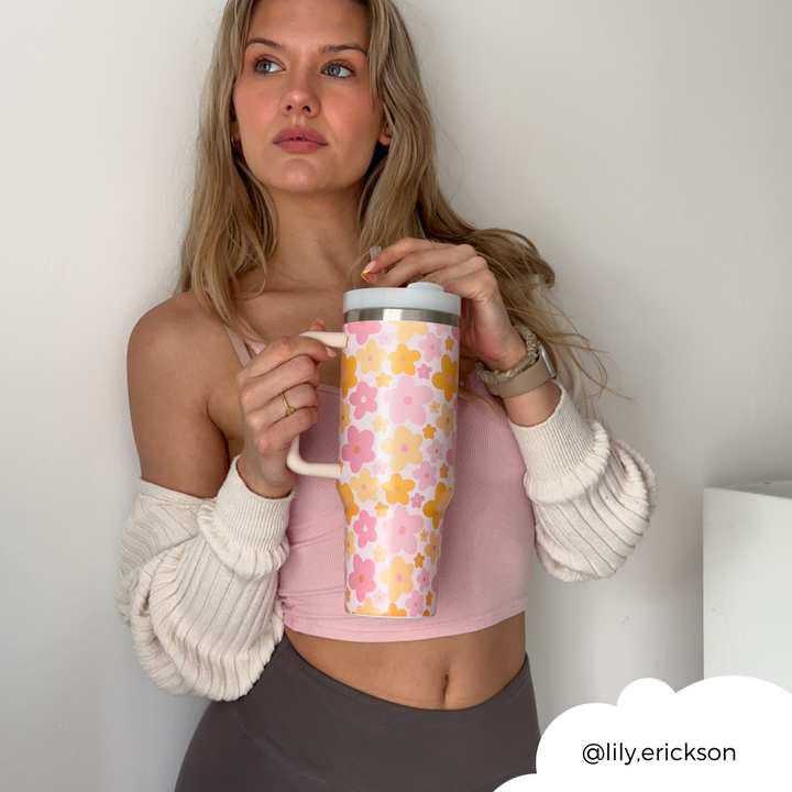 Stainless Steel Tumbler - Pink & Orange Bloom 