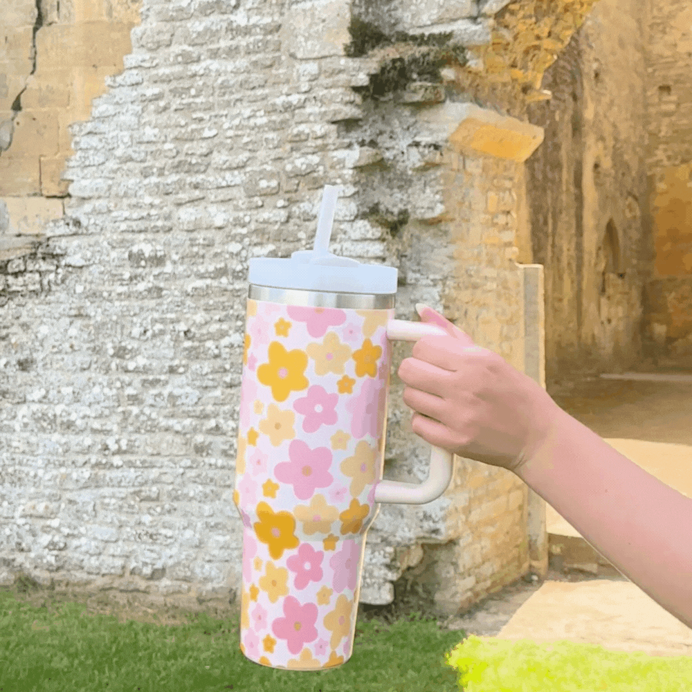 Stainless Steel Tumbler - Pink & Orange Bloom 