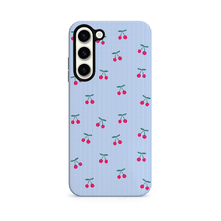 Phone case with cherry pattern on a blue striped background