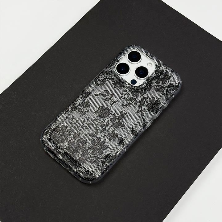 Clear Phone Case with lace detailing on a black background.
