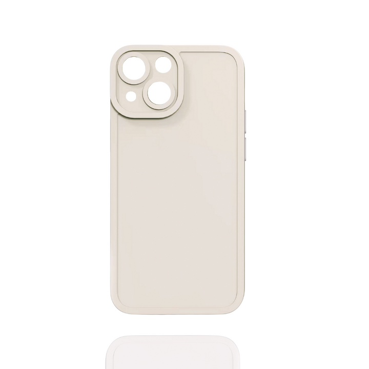 Introducing the NAKD Phone Case - Creamy White by Coconut Lane, a sleek and minimalistic case designed for modern smartphones with multiple rear cameras. This soft, flexible TPU phone case features a unique square camera cutout with three circular openings. The product is showcased against a white background with a reflective surface below.