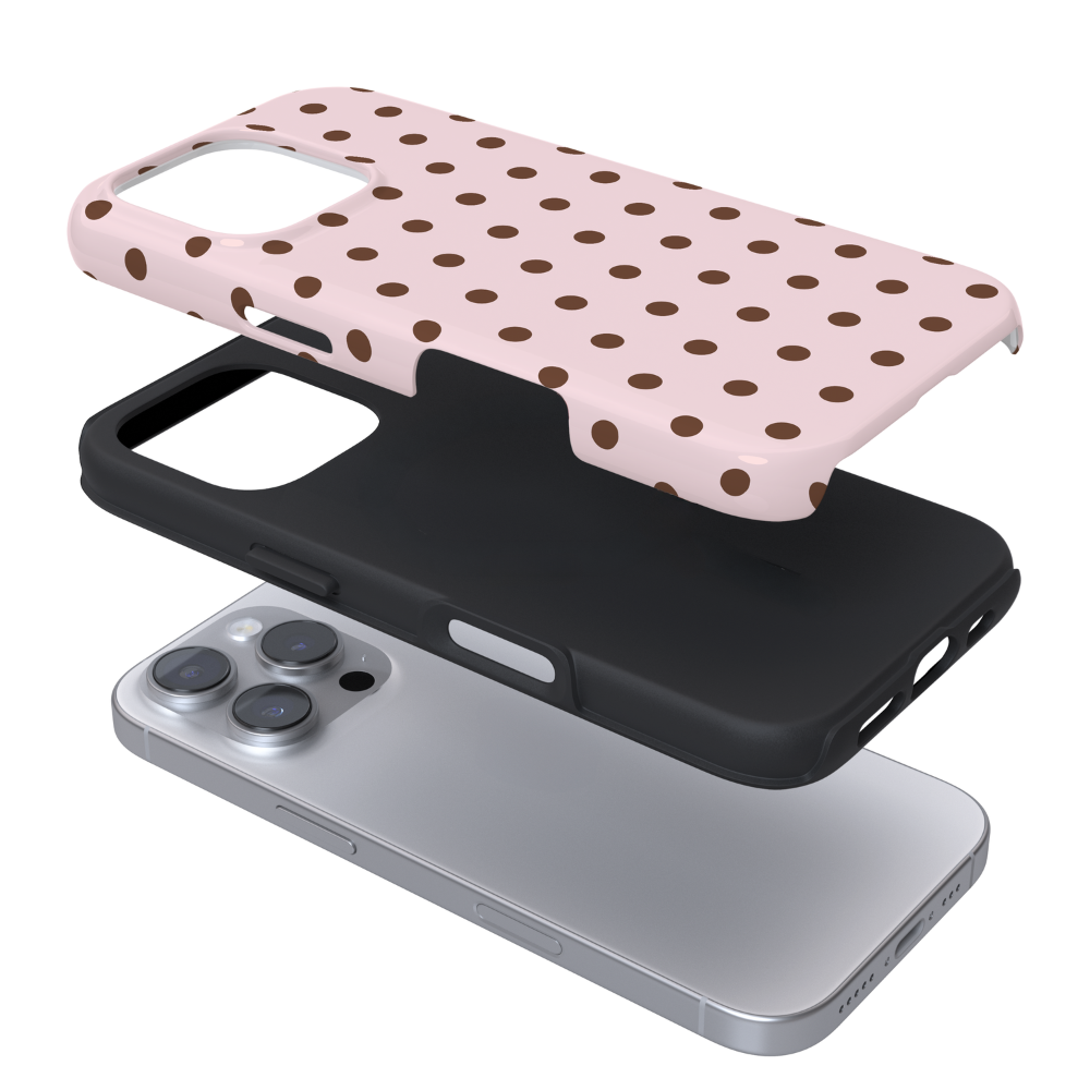Baby pink phone case with chcolate brown polka dots.