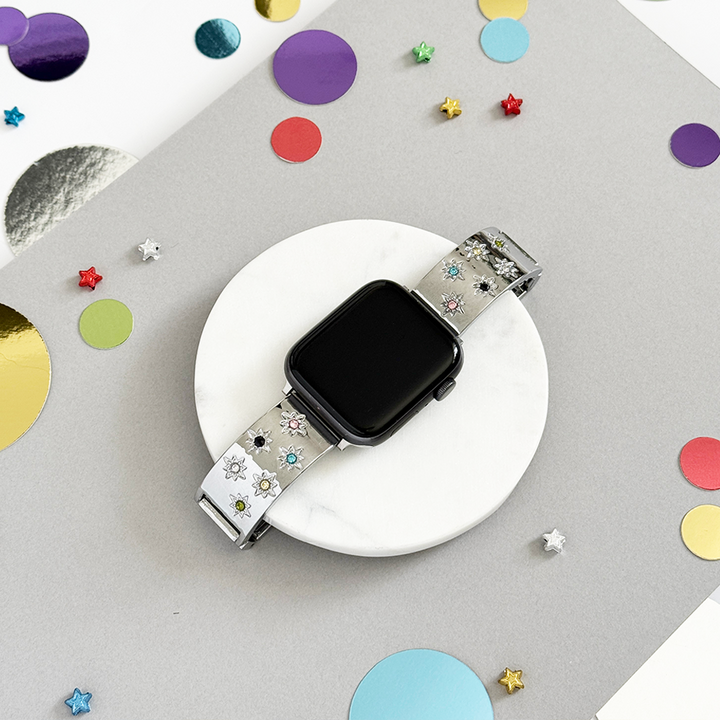 Ibiza Coloured Stone Apple Watch Strap - Silver