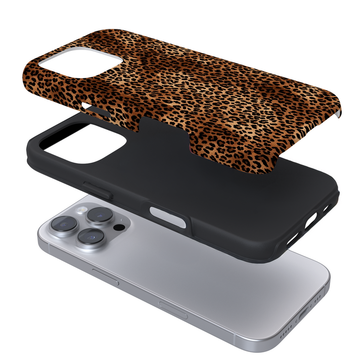 Expanded view of a phone case with a leopard print on a white background