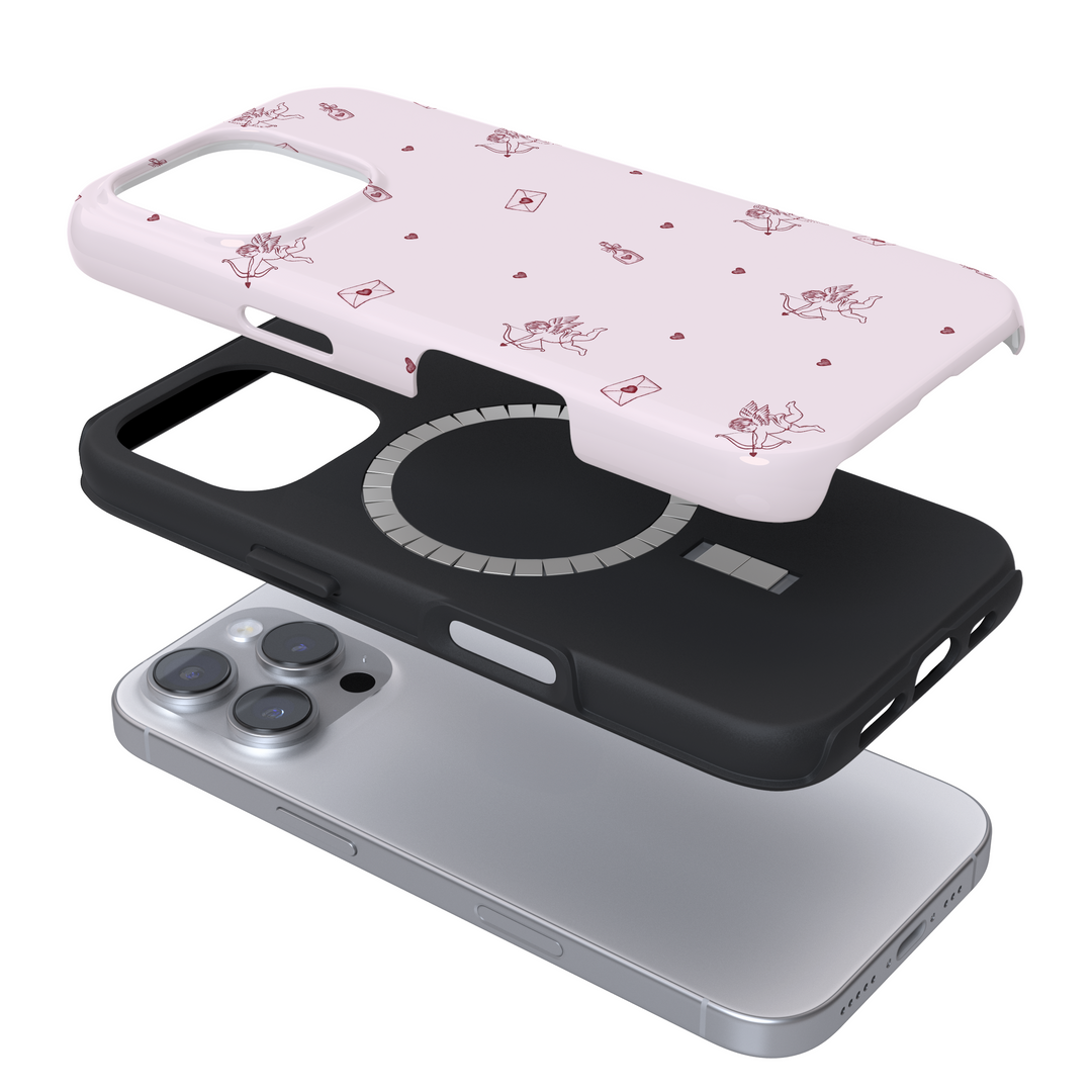Expanded Magsafe phone case with a pink cupid pattern with hearts on a white background