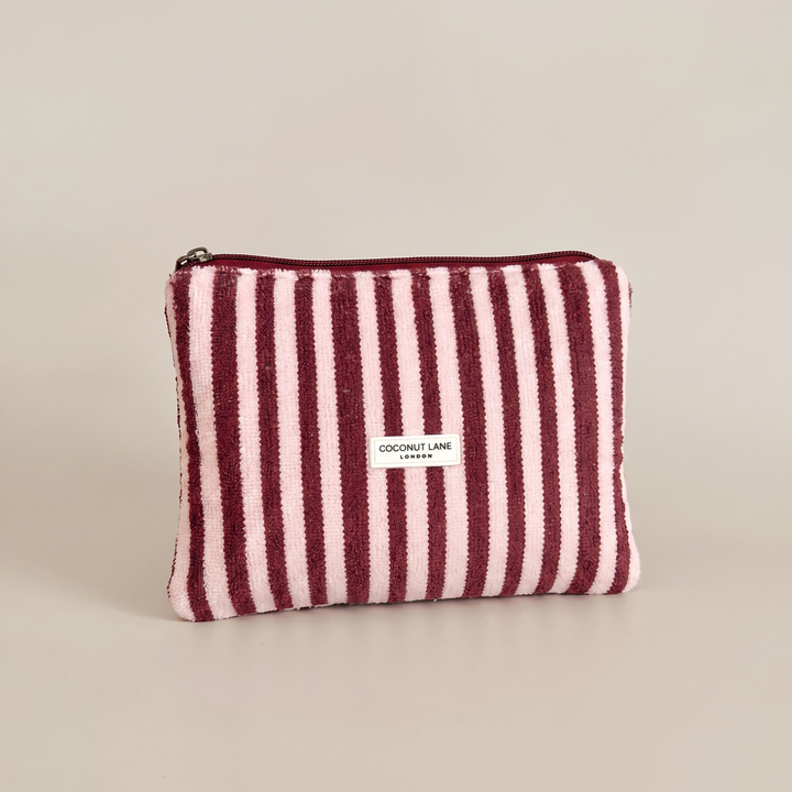 Burgundy and pale pink stripe small Pouch with zip closure.