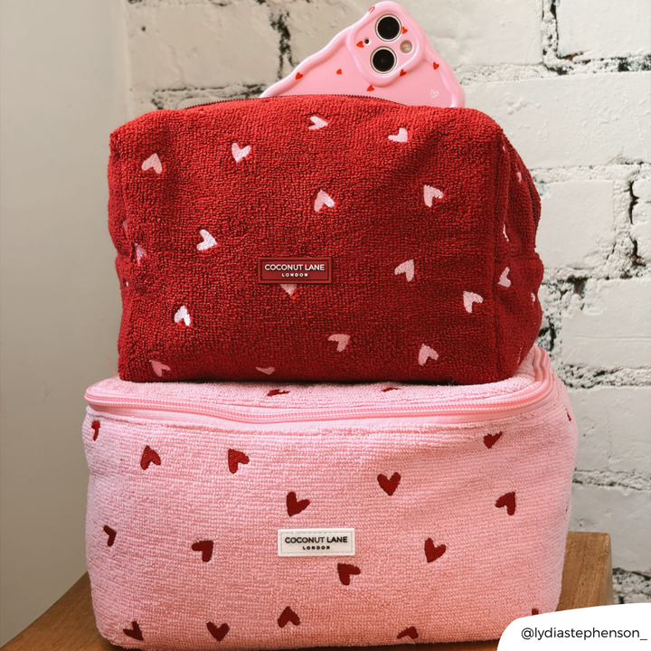 Two Pink Heart and Mulberry Heart Makeup Bags on top of each other