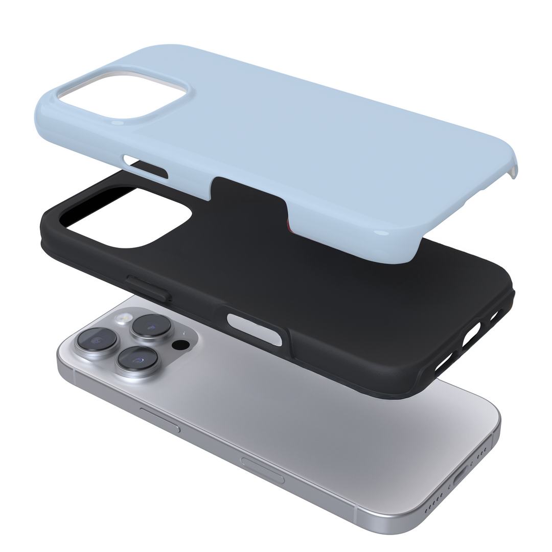 Expanded view of a baby blue phone case on a white background