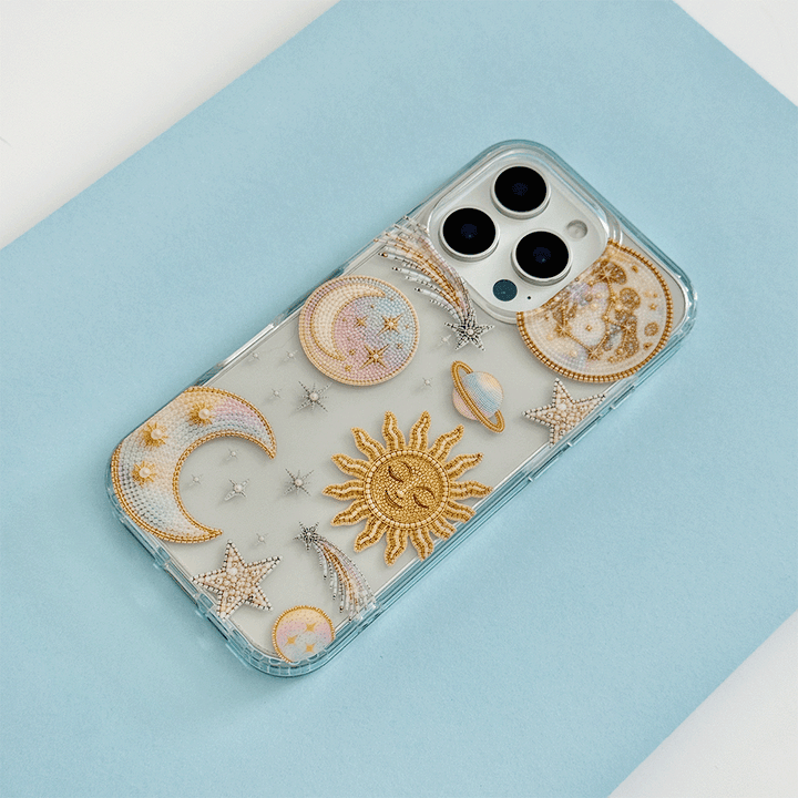 Clear Phone Case with celestial illustrations; stars, space, moon and sun.