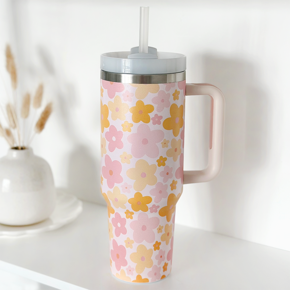 Stainless Steel Tumbler - Pink & Orange Bloom 