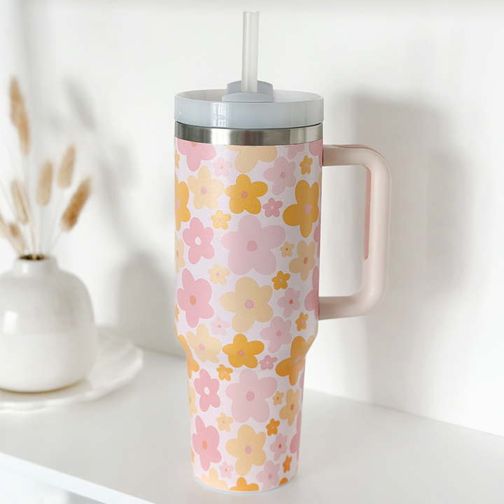 Stainless Steel Tumbler - Pink & Orange Bloom 