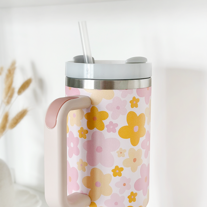 Stainless Steel Tumbler - Pink & Orange Bloom 