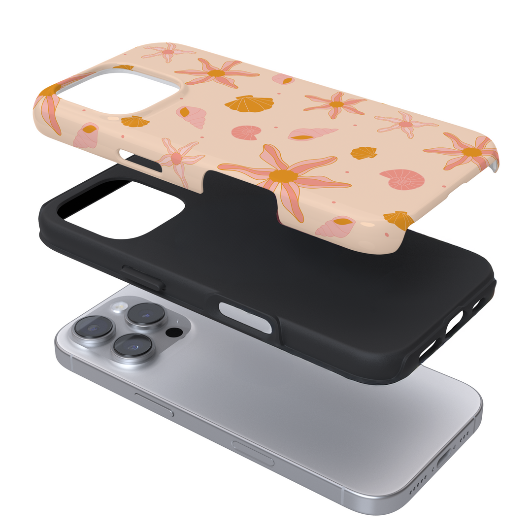 Expanded view of a phone case with a peach shell design on a white background