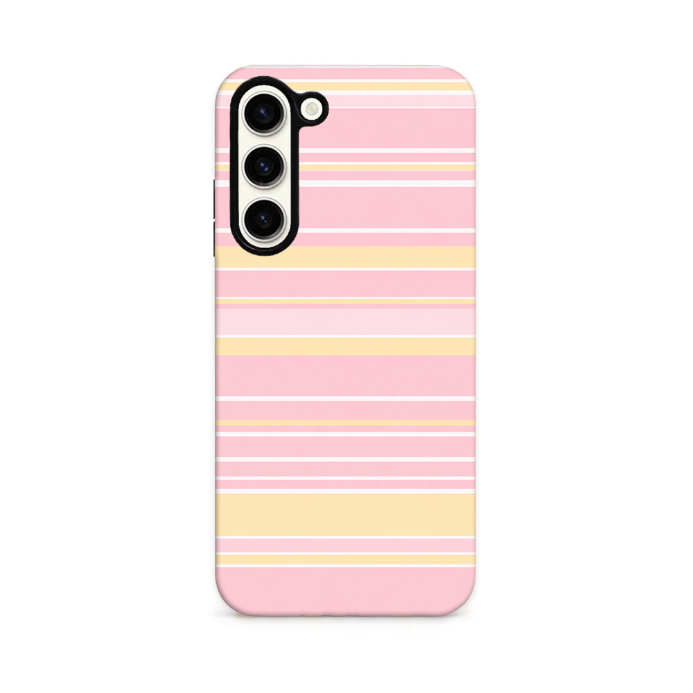 Baby pink, yellow and white horizontal stripes all random thicknesses.