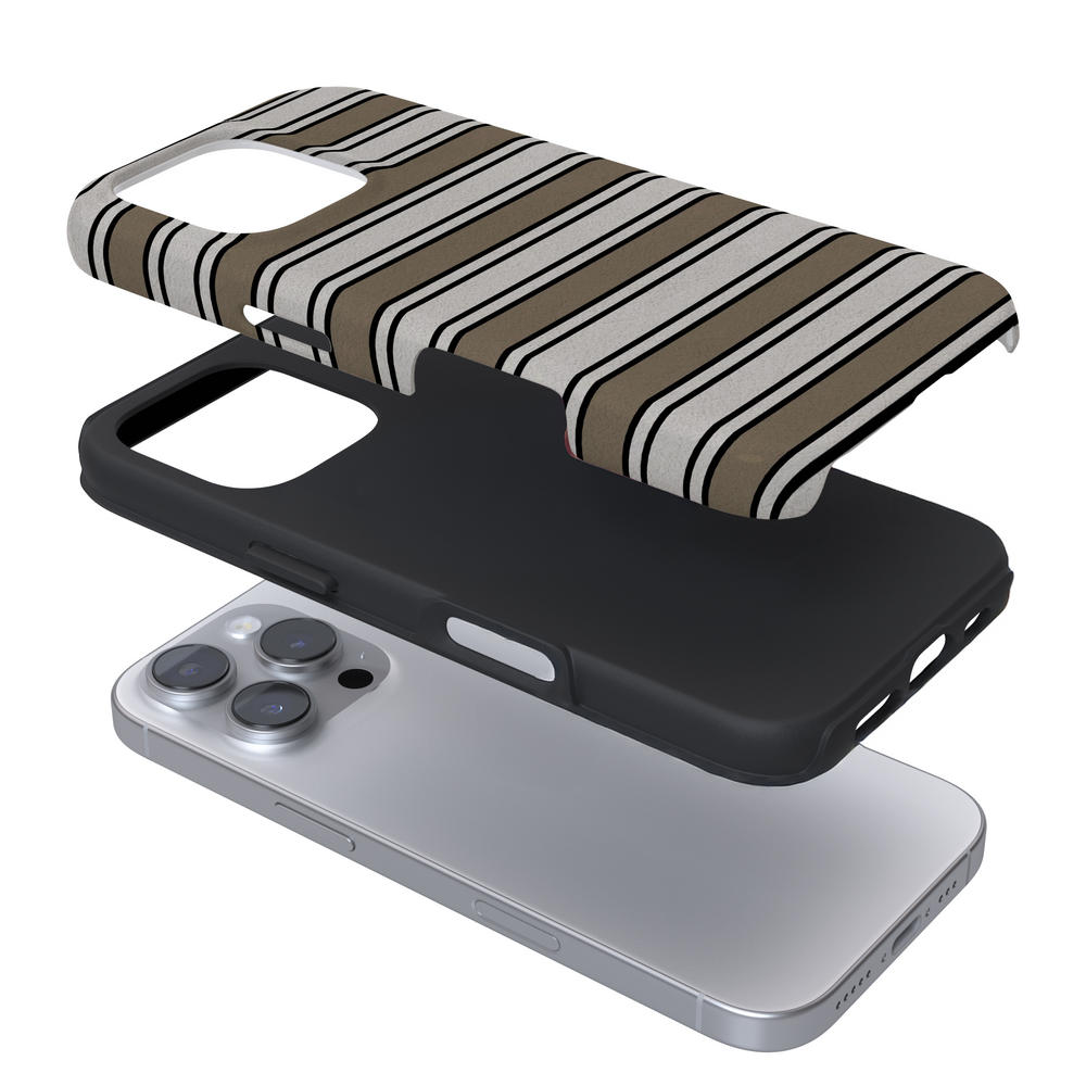 Expanded view of a phone case with a brown striped pattern on a white background