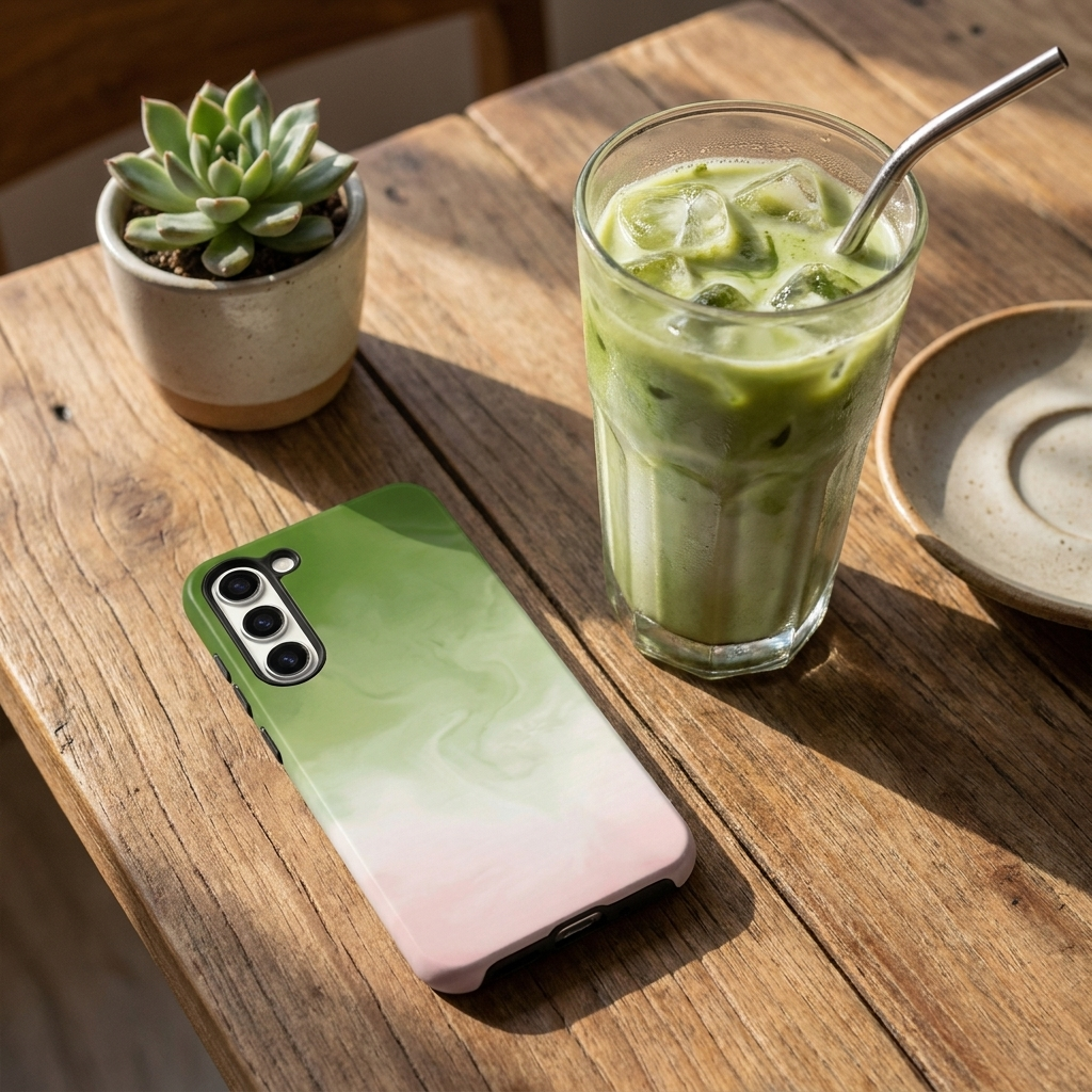 Phone Case with green and pink gradient on a wooden table with iced green drink and plant.