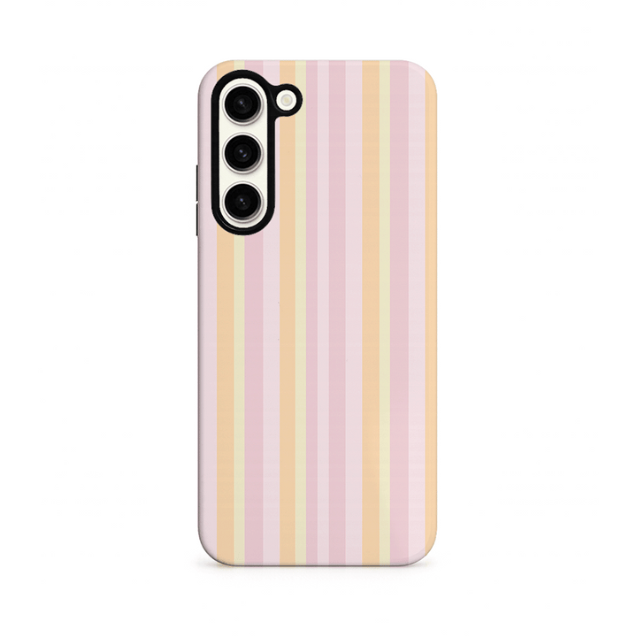 Phone case with pink and yellow striped pattern on a white background.