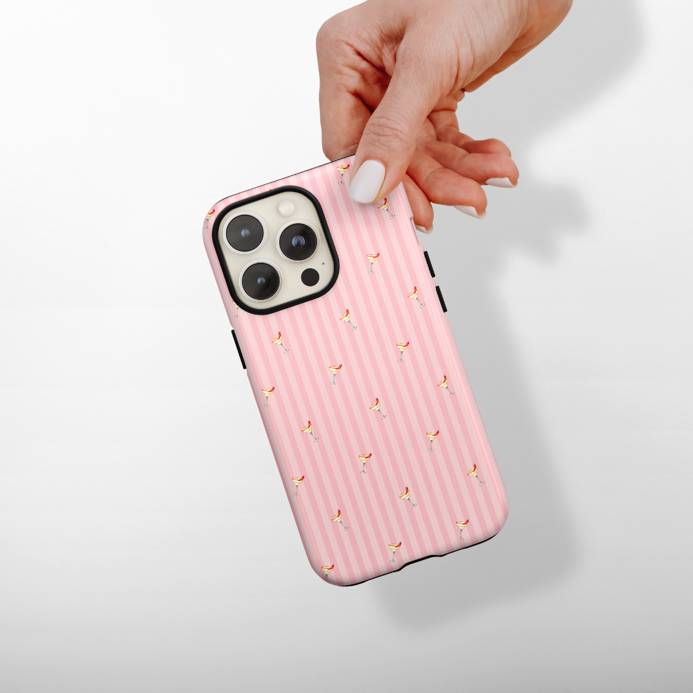 Spicy margaritas on a pink striped case.