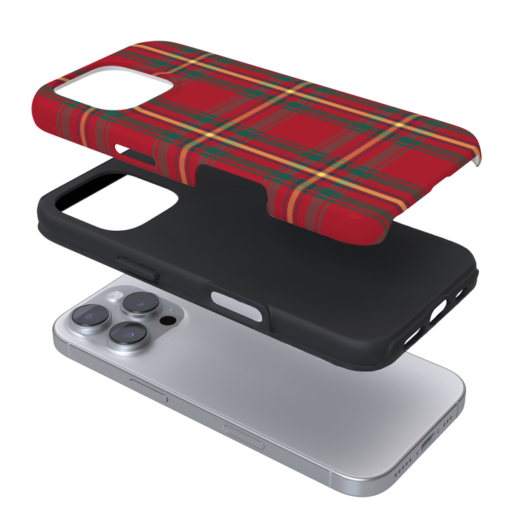 Expanded view of a red plaid phone case on a with a white background