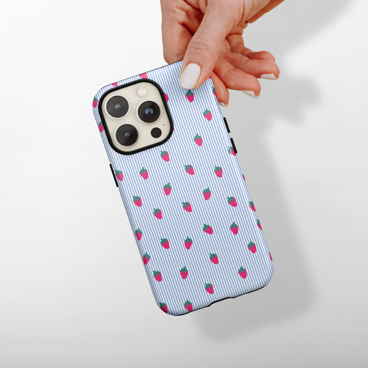 Tough MagSafe® Phone Case - Blue Stripe Strawberries