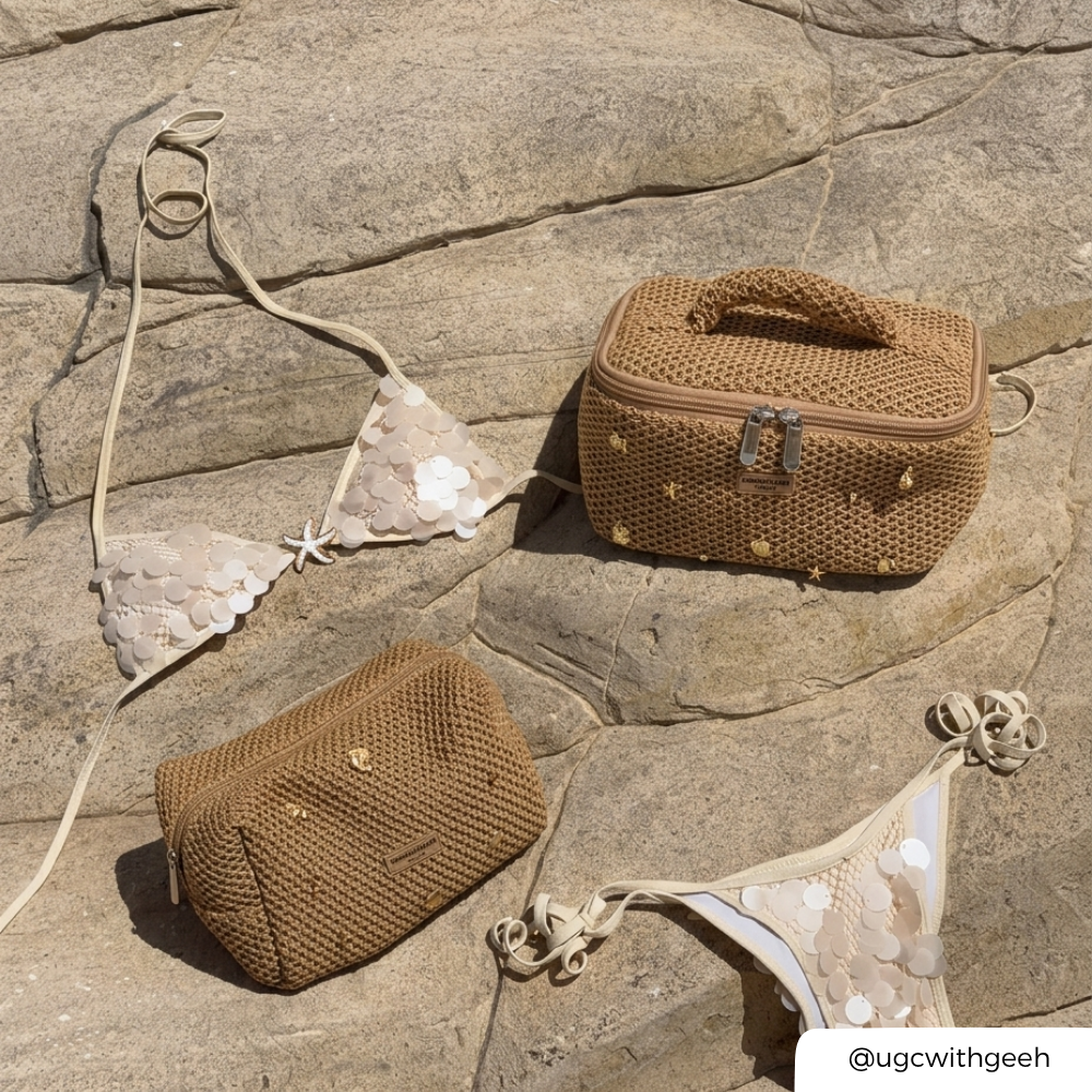 Sequined bikini set with brown makeup bag with shells on stone surface