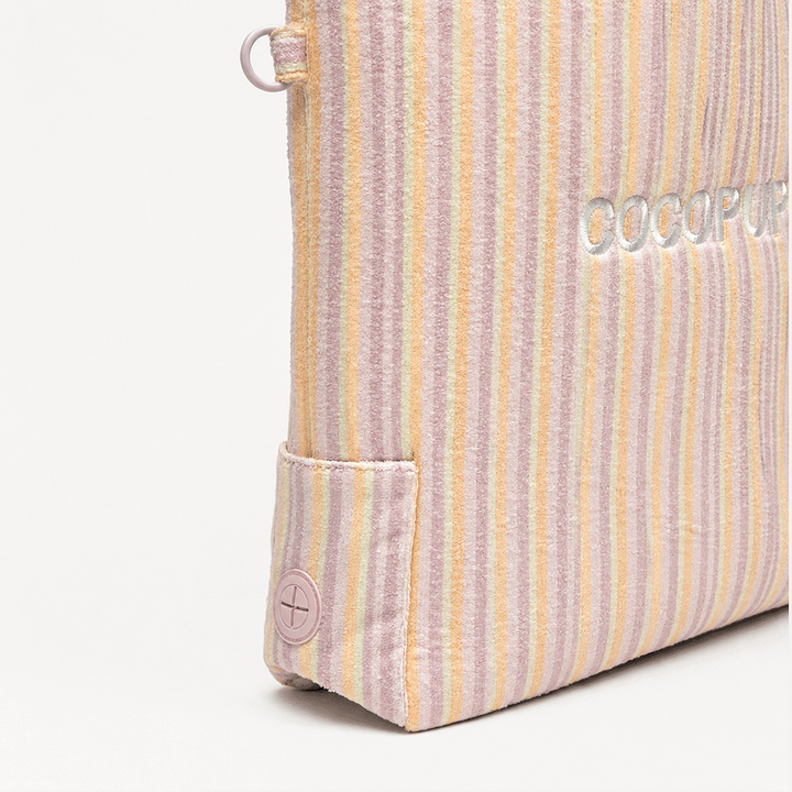 Pastel striped tote bag with an embroidered logo on the corner.