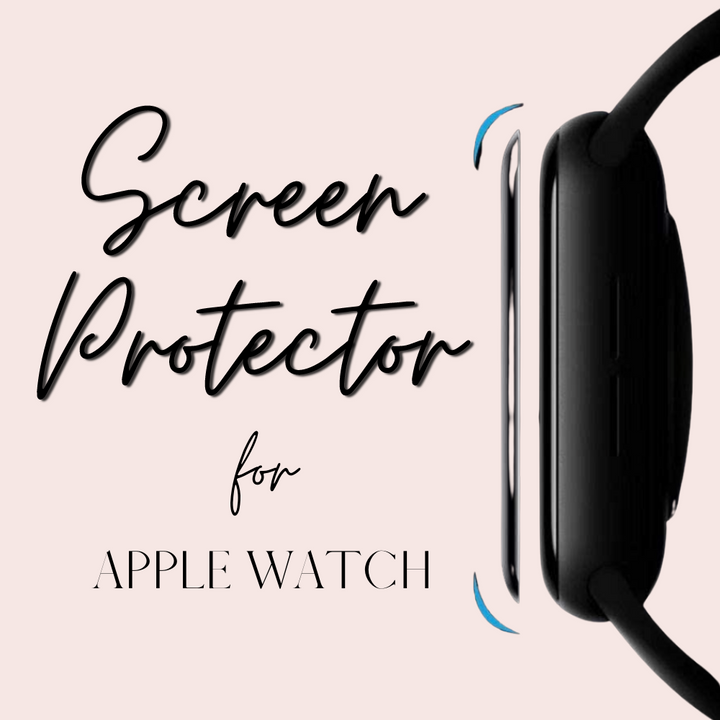 An image displaying the text "Screen Protector for Apple Watch by Coconut Lane" on a light pink background. There is a side view of an Apple Watch and a screen protector being applied to it.