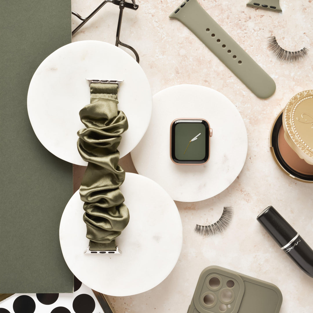 Satin-Green-Scrunchie-Apple-Watch-Strap-Band-Flat-Lay