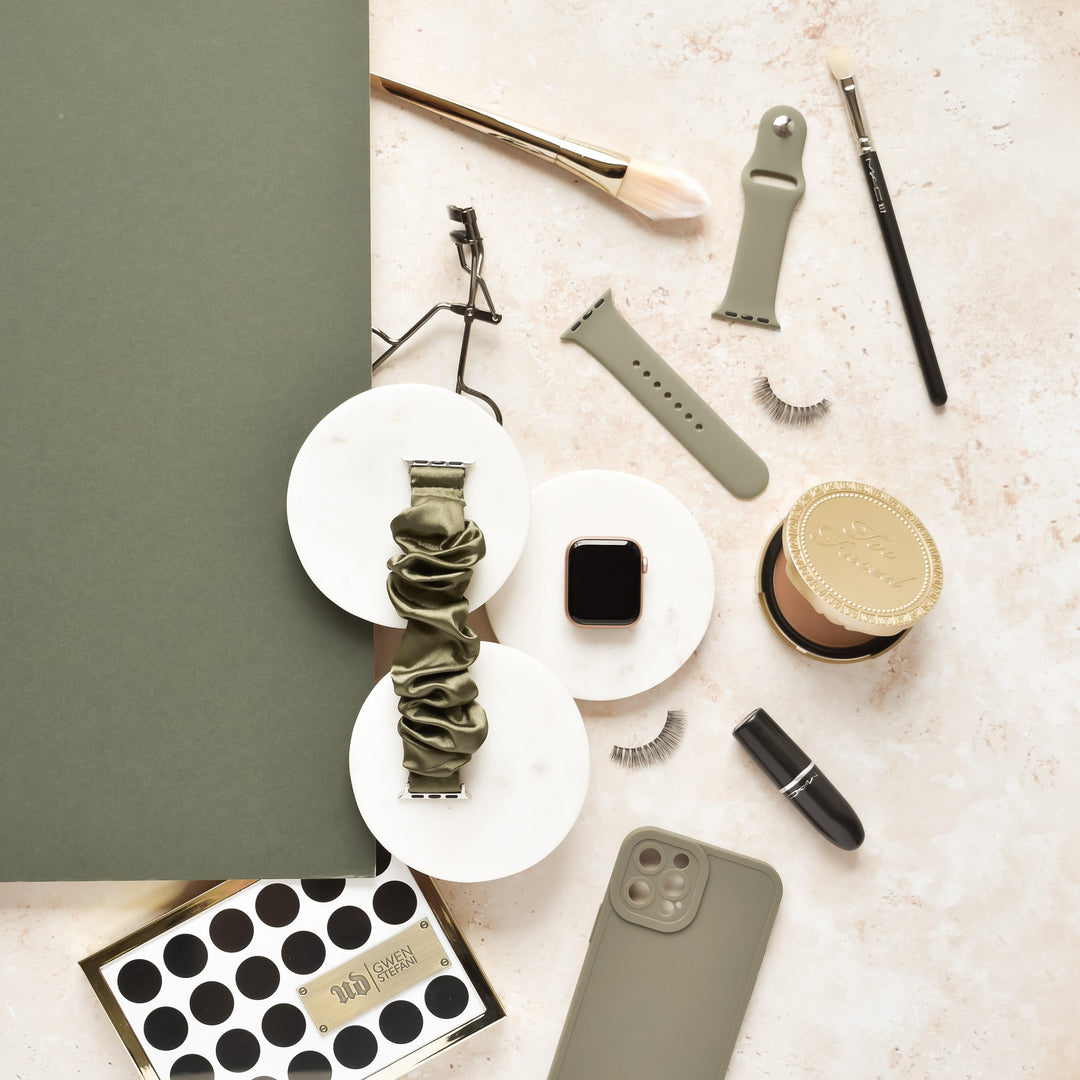 Satin-Green-Scrunchie-Apple-Watch-Strap-Band-Flat-Lay