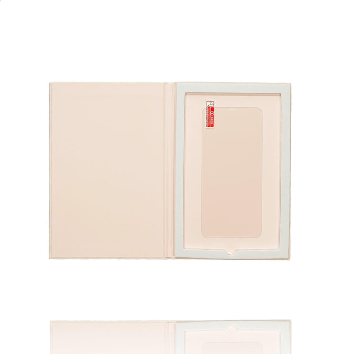 A set of Coconut Lane Glass Screen Protectors in their packaging. The protector, boasting 9H hardness and anti-fingerprint technology, sits neatly inside a semi-open beige cardboard box with a cutout designed to hold the screen protector securely in place. The background is white.