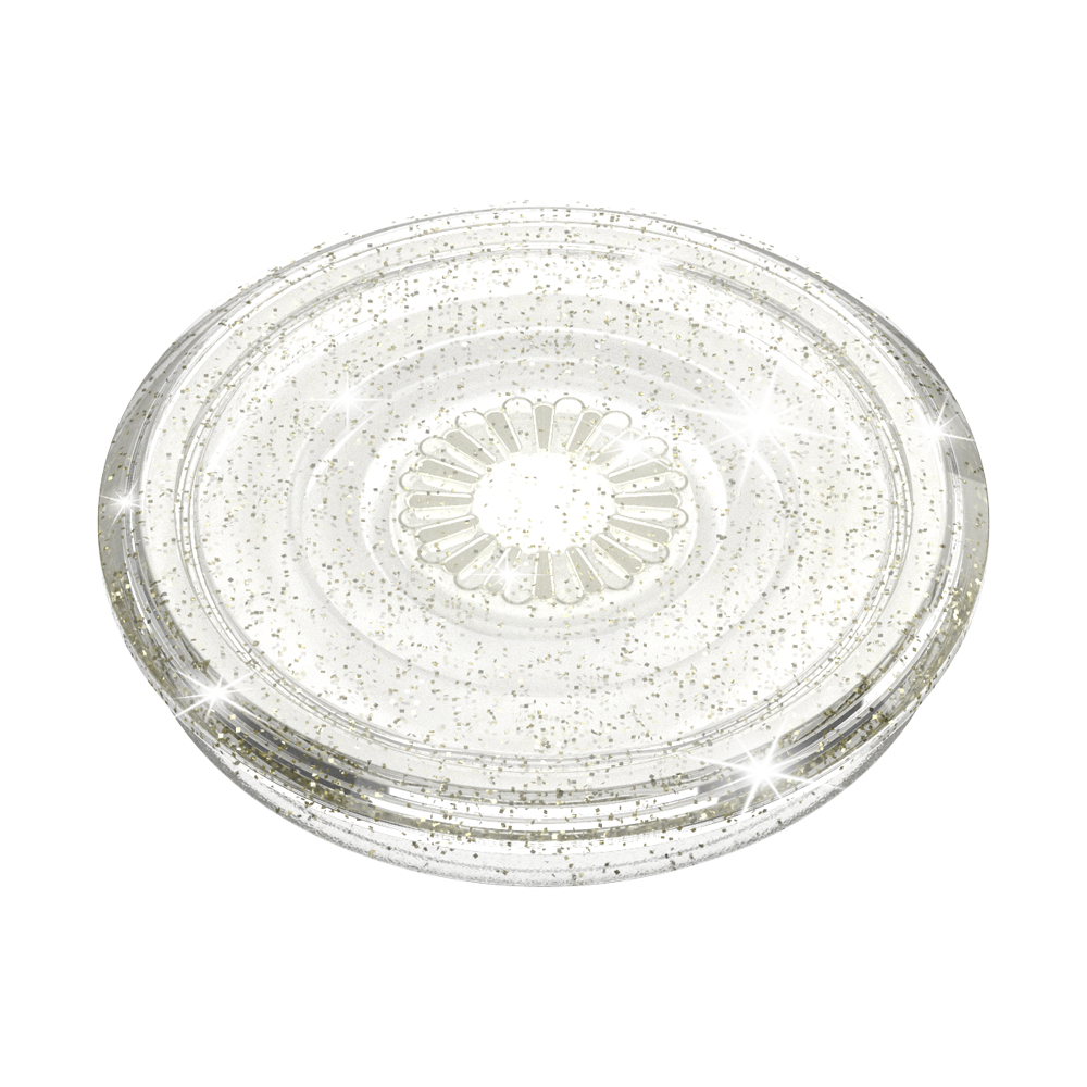 The PopSocket Grip - Clear Silver Glitter by Coconut Lane is a circular, translucent plastic lid adorned with a glittery, sparkly design. It boasts a raised, sunburst-like pattern in the center and has a smooth outer edge. Shimmering reflections dance across its Clear Silver Glitter surface.