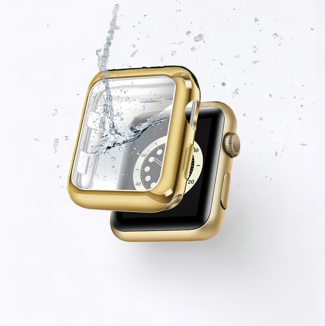 A gold smartwatch with a square face is shown. Water splashes on the screen, highlighting its water-resistant feature. The watch face displays an analog-style clock, safeguarded by Coconut Lane's 2-in-1 Metallic Apple Watch Case & Built-In Screen Protector in Gold. The background is white, with droplets suspended mid-air for emphasis.