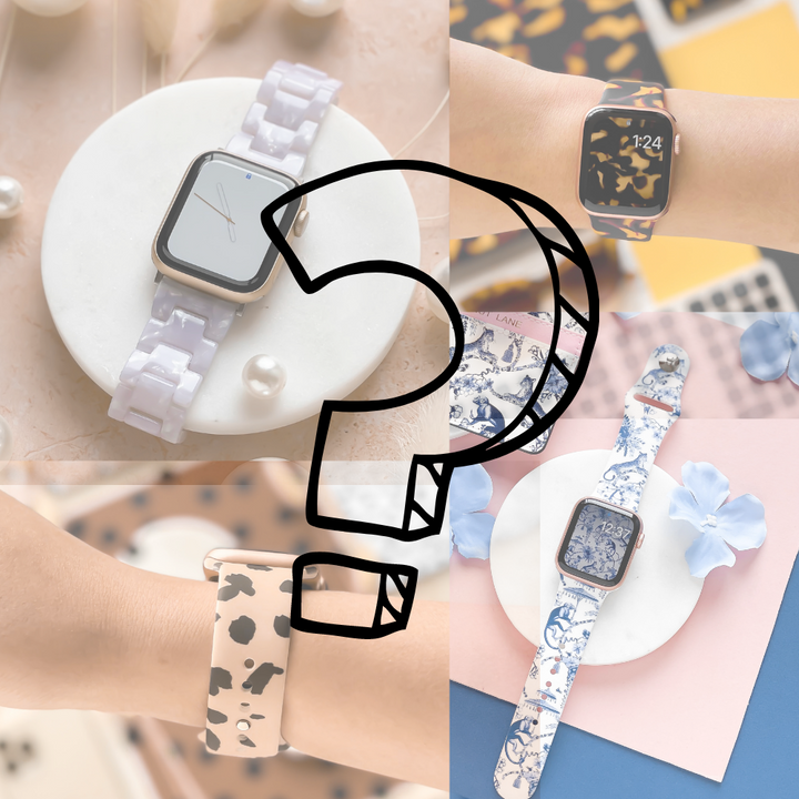 Collage of four smartwatches featuring different patterned straps with a large black question mark overlay in the center. The Mystery Apple Watch Straps by Coconut Lane display varying designs, including marbled, floral, and abstract prints, showcased in various artistic settings.